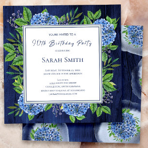 Invitation Hydrangeas Bleus Bois Rustique Fête des 90 Ans