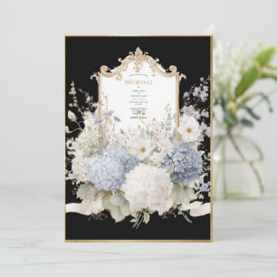 Invitation Hydrangeas Bleus Élégants Mariage Vintage Noir