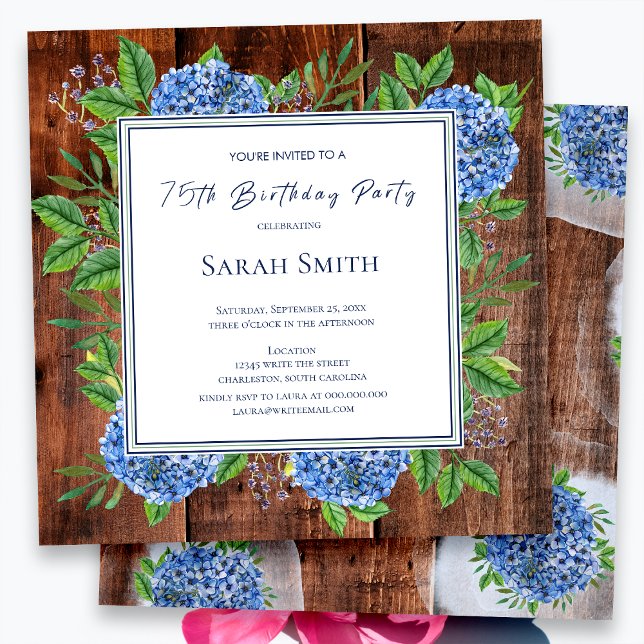 Invitation Hydrangeas Bleus Fête d'anniversaire 75 ans Bois r (Créateur téléchargé)