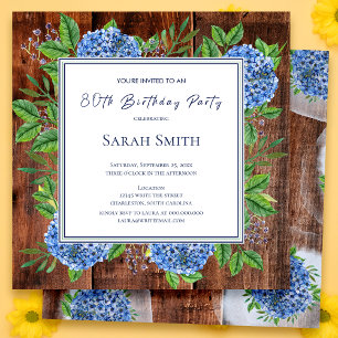 Invitation Hydrangeas Bleus Fête d'anniversaire 80 ans Bois r