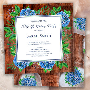 Invitation Hydrangeas Bleus Fête d'anniversaire rustique en b