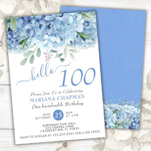 Invitation Hydrangeas Bleus Fleur Aquarelle 100e Anniversaire