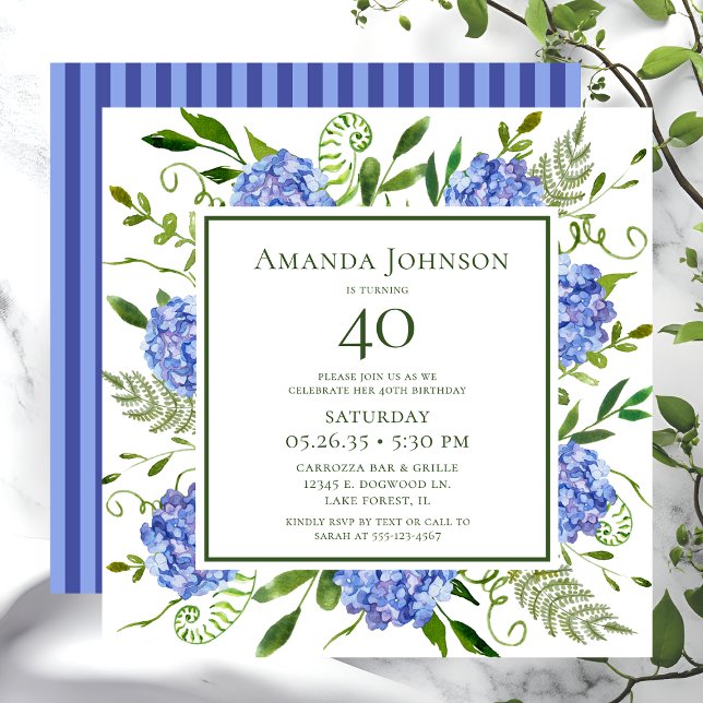 Invitation Hydrangeas bleus pour 40 ans (Créateur téléchargé)