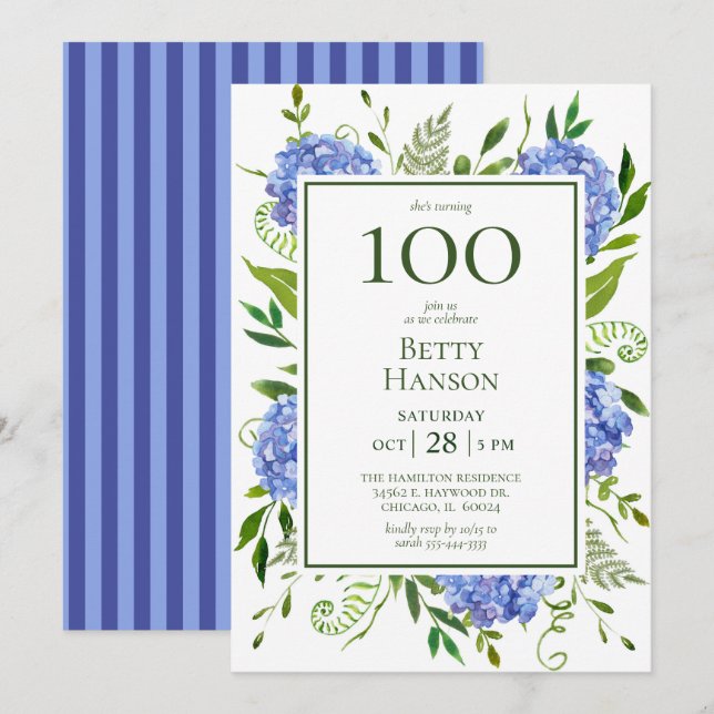 Invitation Hydrangeas bleus pour les 100 ans (Devant / Derrière)