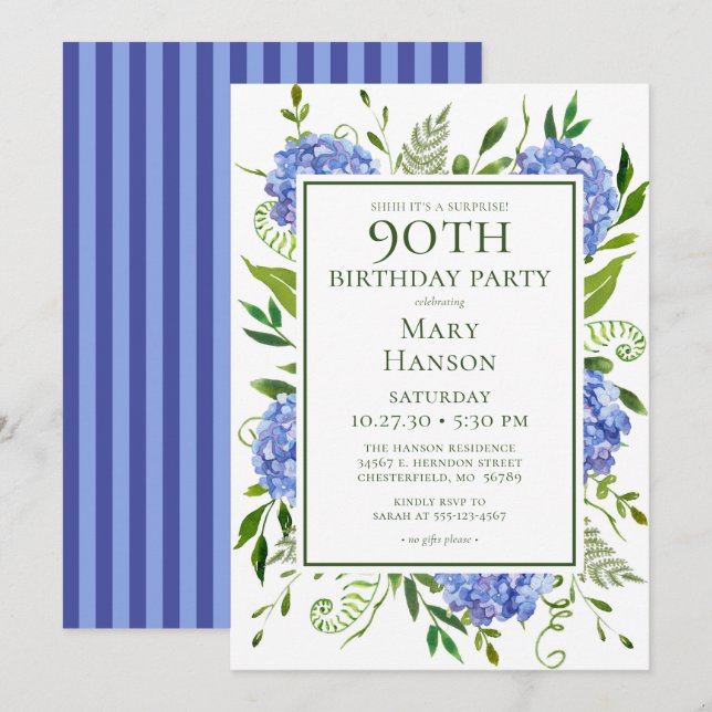Invitation Hydrangeas Bleus pour les 90 ans Surprise (Devant / Derrière)