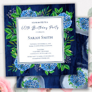 Invitation Hydrangeas Bleus Rustique Bois Fête des 60 ans