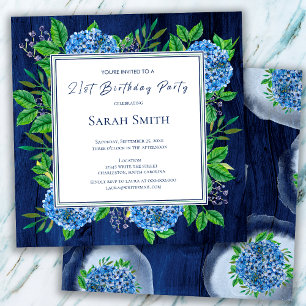 Invitation Hydrangeas Blue Rustic Wood 21e fête d'anniversair
