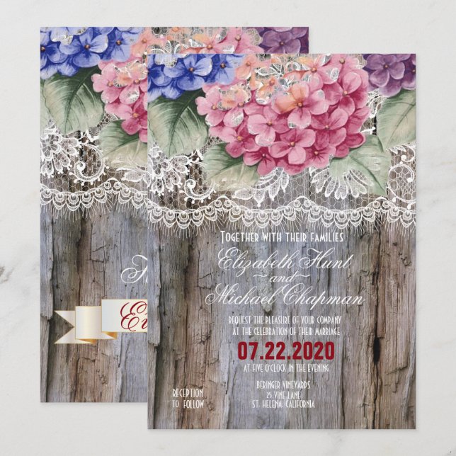 Invitation Hydrangeas dentelle et grange mariage en bois Invi (Devant / Derrière)