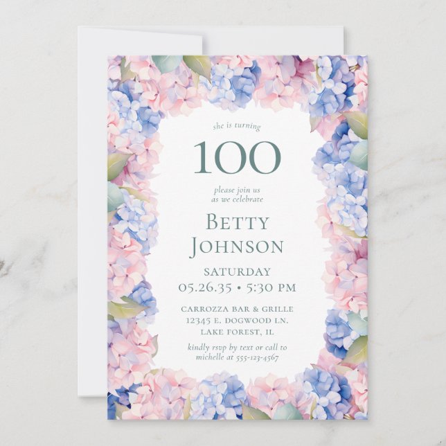 Invitation Hydrangeas fête du 100e anniversaire (Devant)