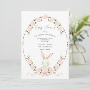 Invitation Hydrangeas Fleuris Lapin Rose Baby Shower Fille