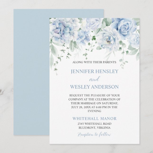 Invitation Hydrangeas Roses bleu pâle (Devant / Derrière)