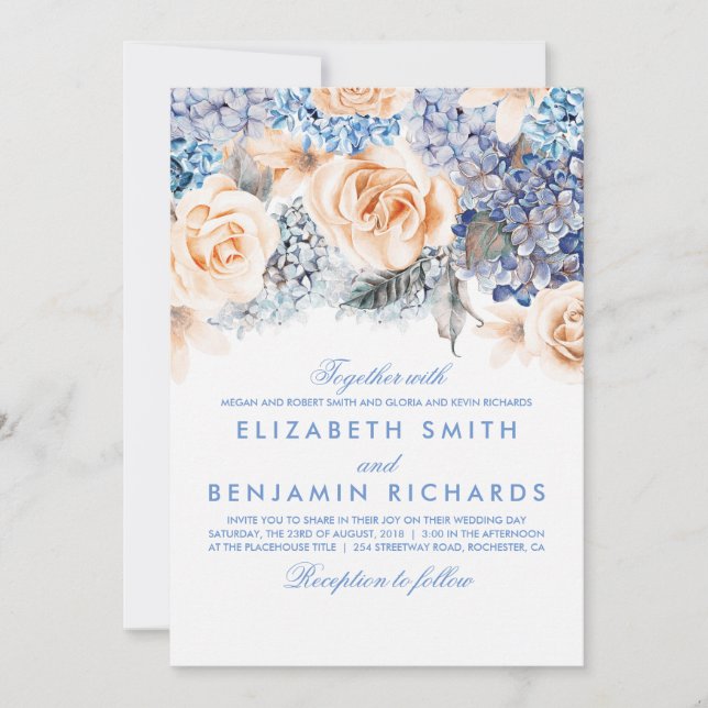 Invitation Hydrangée Bleue et Fleurs de Pêche - Mariage Flora (Devant)