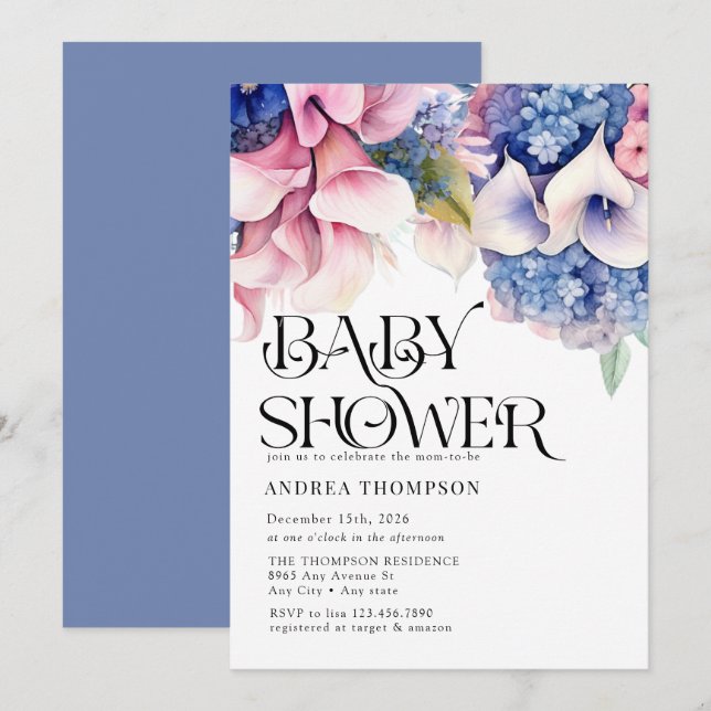Invitation Hydrangée | Lilies Floral | Baby shower aquarelle (Devant / Derrière)