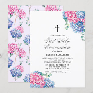 Invitation Hydrangée rose et bleu Première communion sainte
