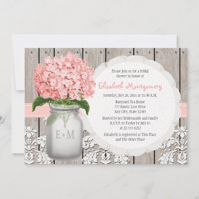 Invitation Hydrangée rose Monogramme Fête des mariées Mason J (Devant)