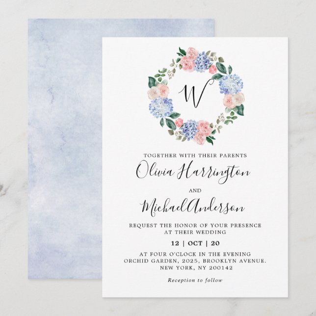 Invitation Hydrangées bleu pâle rose pastel mariage (Devant / Derrière)