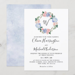 Invitation Hydrangées bleu pâle rose pastel mariage