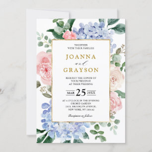 Invitation Hydrangées bleu pâle rose pastel mariage