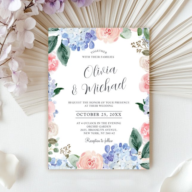 Invitation Hydrangées bleu pâle rose pastel mariage (Dusty blue hydrangeas pastel pink roses wedding invitation)