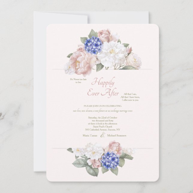 Invitation Hydrangées, pivoines et Roses Deuxième Mariage (Devant)
