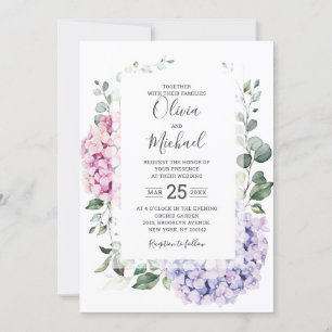 Invitation Hydrangées rose pâle et mariage d'eucalyptus