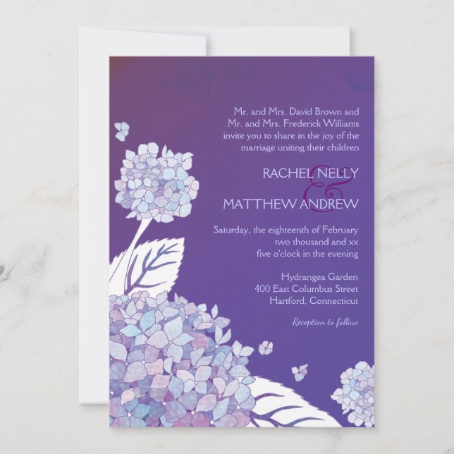 Invitation Hydrangées violettes dans le Mariage du coucher de (Devant)