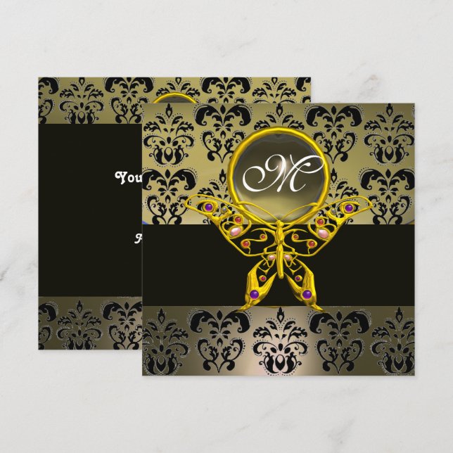 Invitation HYPER PAPILLON MONOGRAMME, agate damassé gris (Devant / Derrière)
