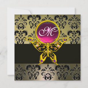 Invitation HYPER PAPILLON MONOGRAMME, gris damas rose rouge r