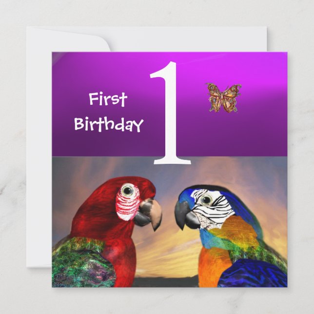 Invitation HYPER PARROTS /First Birday Party Purple (Devant)