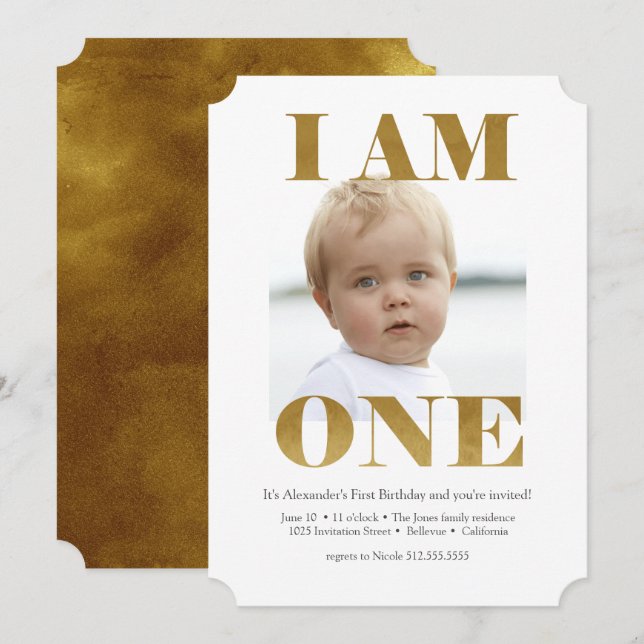Invitation "I AM ONE" est un premier anniversaire d'or (Devant / Derrière)