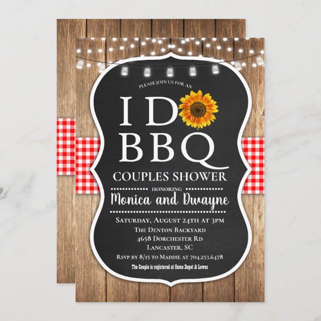 Invitation I DO BBBQ Barbecue En vichy String Lights Invitati (Devant / Derrière)