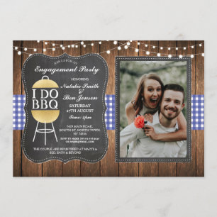 Invitation I DO BBBQ Blue Gold Chalk Couples Shoples Photo