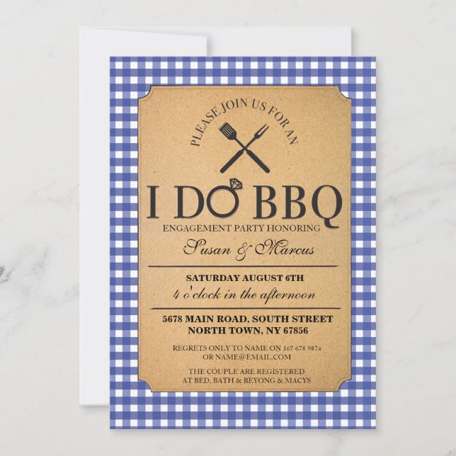 Invitation I DO BBBQ Blue Parti Vintage Fiançailles Invitatio (Devant)