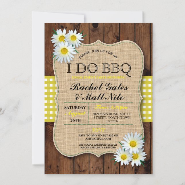 Invitation I DO BBBQ Couples Douche Bois Daisy Flower Invitat (Devant)