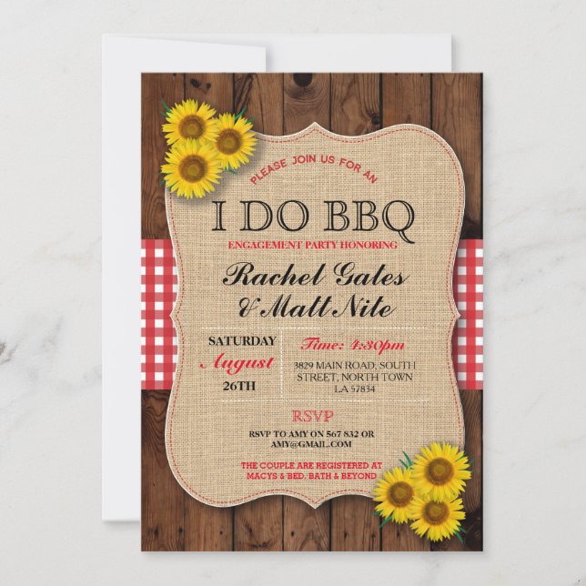 Invitation I DO BBBQ Couples Douches Tournesol Rustique Invit (Devant)