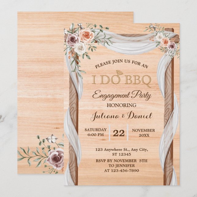 Invitation I DO BBBQ Engagement Party Modern Wood Floral (Devant / Derrière)