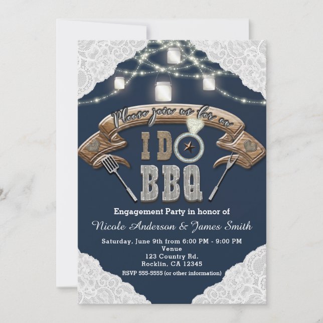Invitation I DO BBBQ Mason Jar Lights Fiançailles bleu dentel (Devant)