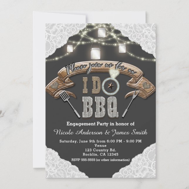 Invitation I DO BBBQ Mason Jar Lights & Lace Grey Fiançailles (Devant)