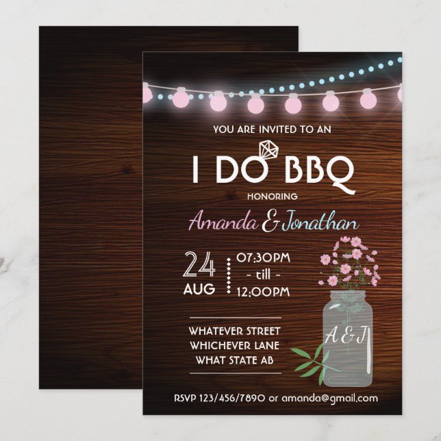 Invitation I DO BBBQ rose et bleu cosmos rustique ajouter pho (Devant / Derrière)
