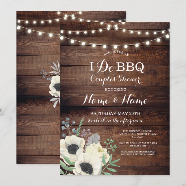 Invitation I Do BBQ Couple's Shower White Floral Anemone Wood (Devant / Derrière)