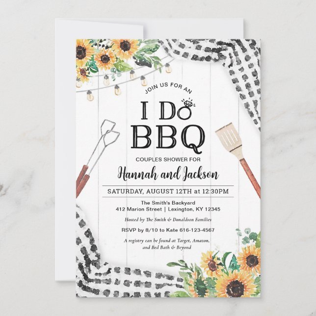Invitation I Do BBQ Douche noir et blanc avec tournesol (Devant)