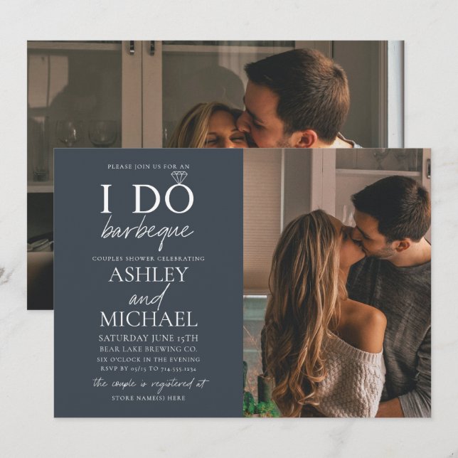 Invitation I Do BBQ Dusty Blue 2 Photo Simple Script Douche (Devant / Derrière)
