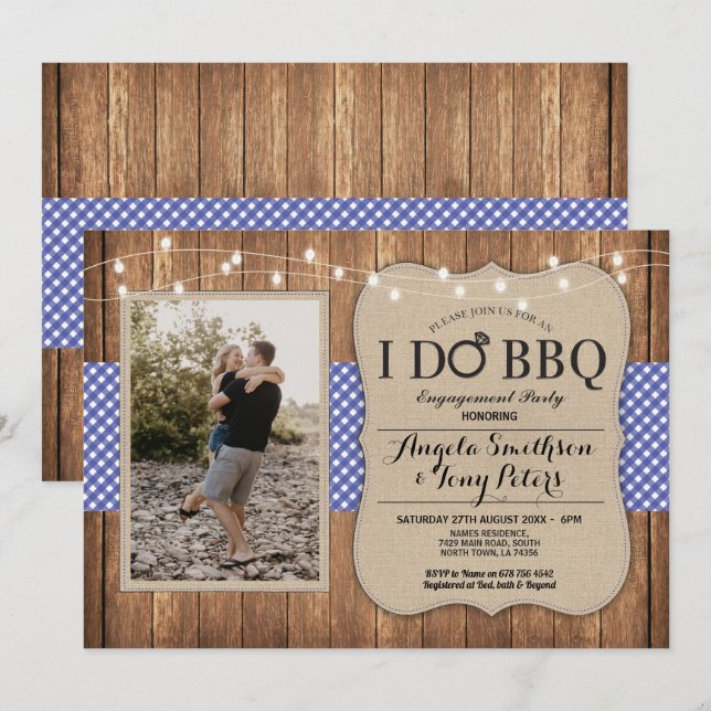 Invitation I Do BBQ Engagement Party Photo Blue Check Invitat (Devant / Derrière)
