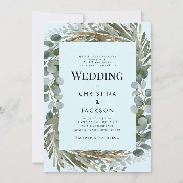 Invitation Ice Blue Eucalyptus Les deux parents Mariage (Devant)