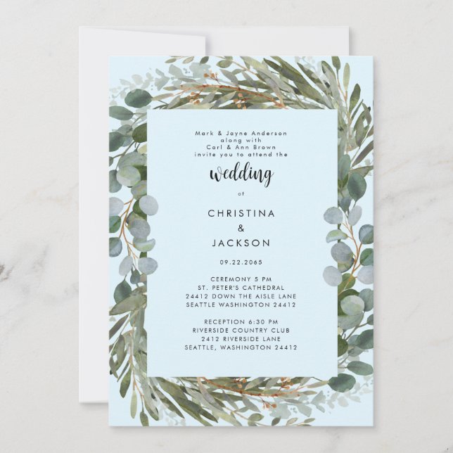 Invitation Ice Blue Eucalyptus Mariage Deux Lieux (Devant)