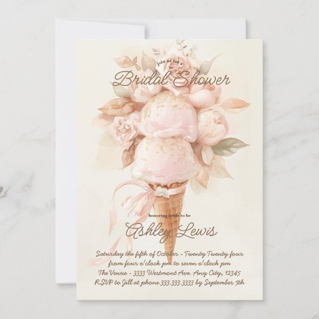 Invitation Ice crème cône boho douche nuptiale or chic (Devant)