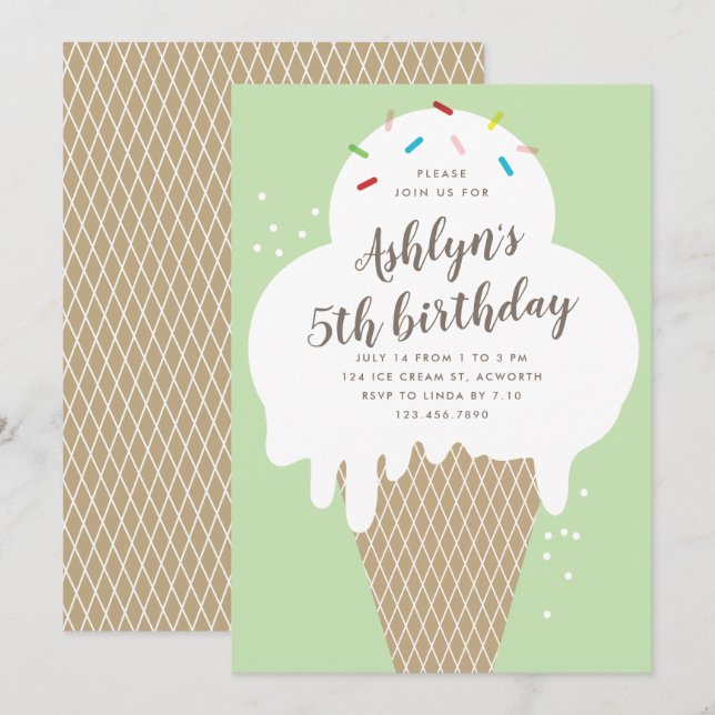 Invitation Ice crème cône enfants vert fête d'anniversaire (Devant / Derrière)