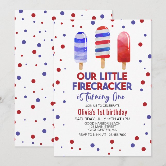 Invitation Ice Pops Firecracker Rouge Blanc Bleu 1er annivers (Devant / Derrière)