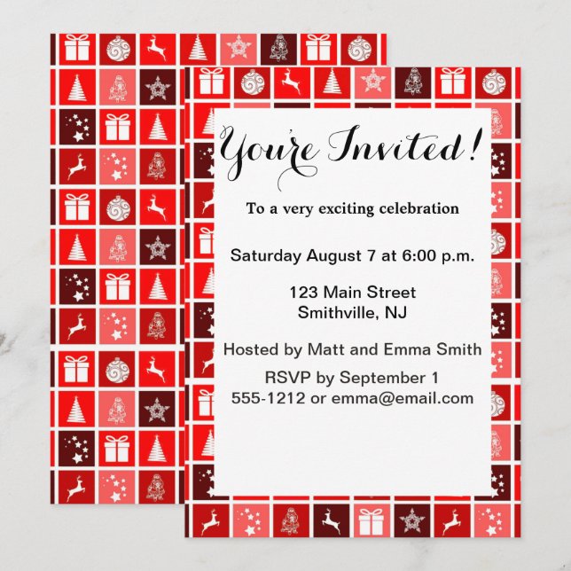 Invitation Icône de Noël Carrés rouges Art de vacances Classi (Devant / Derrière)