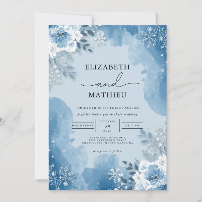 Invitation Icy Blue Frost Floral Winter Wedding (Devant)